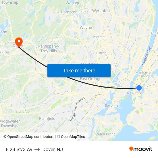 E 23 St/3 Av to Dover, NJ map
