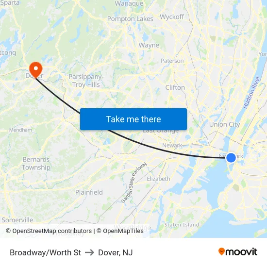 Broadway/Worth St to Dover, NJ map