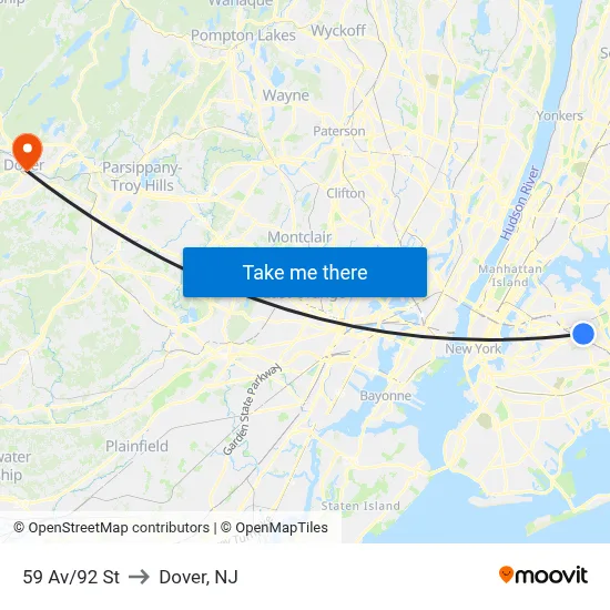 59 Av/92 St to Dover, NJ map