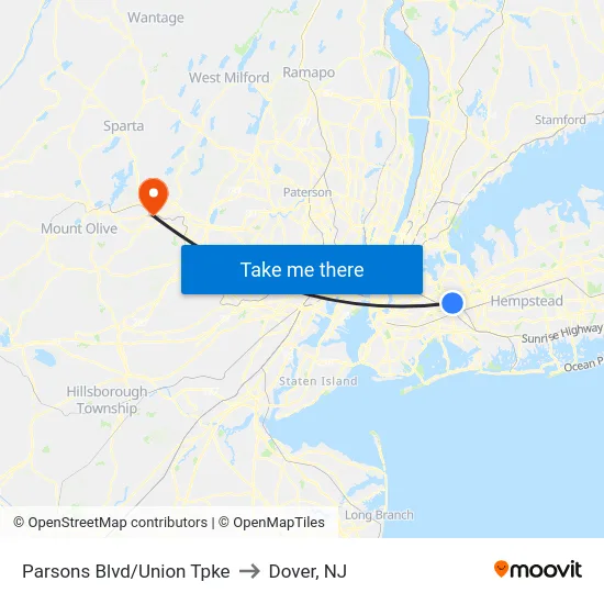 Parsons Blvd/Union Tpke to Dover, NJ map