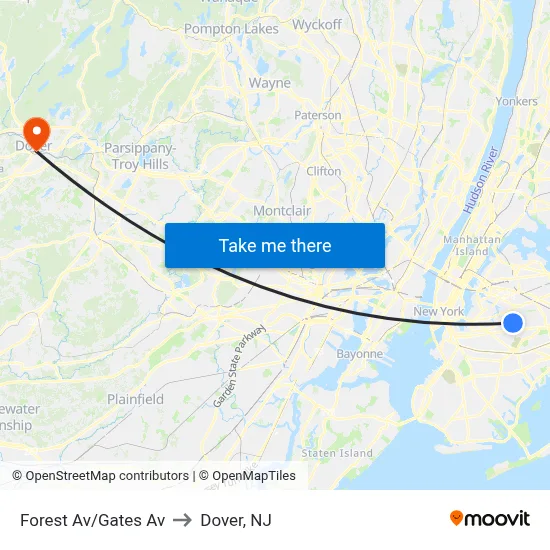 Forest Av/Gates Av to Dover, NJ map