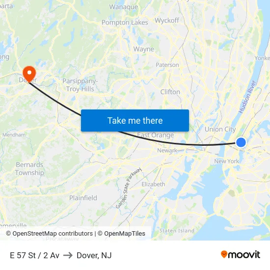 E 57 St / 2 Av to Dover, NJ map