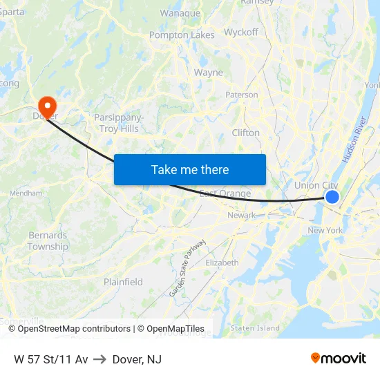 W 57 St/11 Av to Dover, NJ map