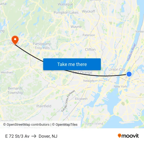 E 72 St/3 Av to Dover, NJ map