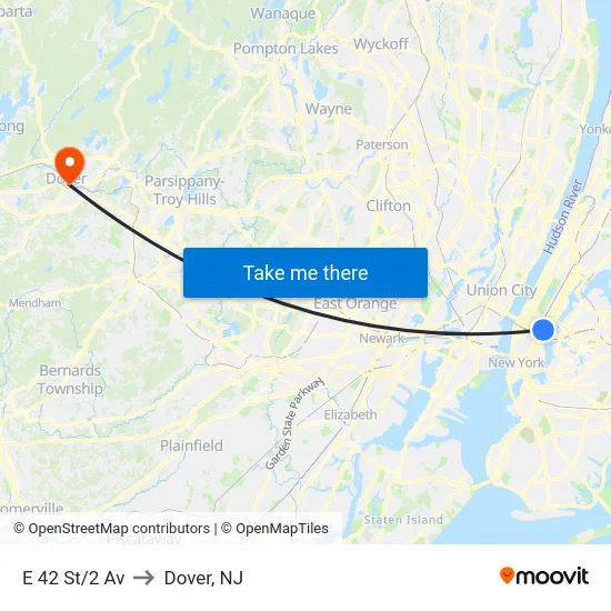 E 42 St/2 Av to Dover, NJ map
