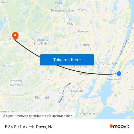 E 34 St/1 Av to Dover, NJ map