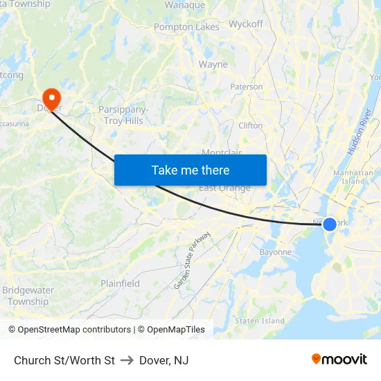 Church St/Worth St to Dover, NJ map