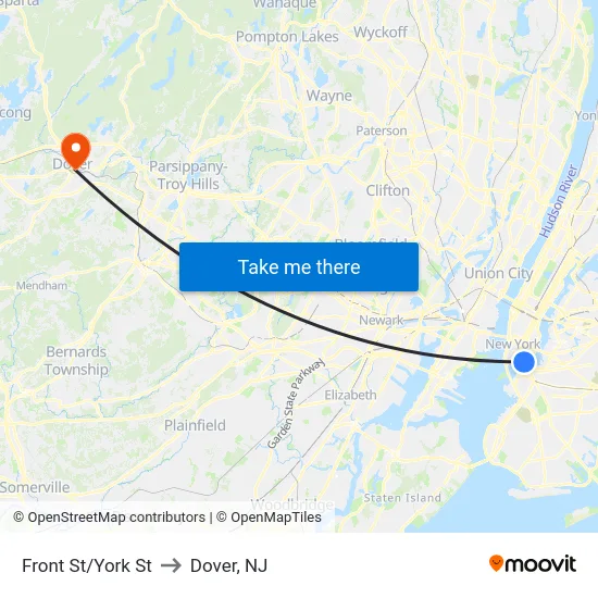 Front St/York St to Dover, NJ map