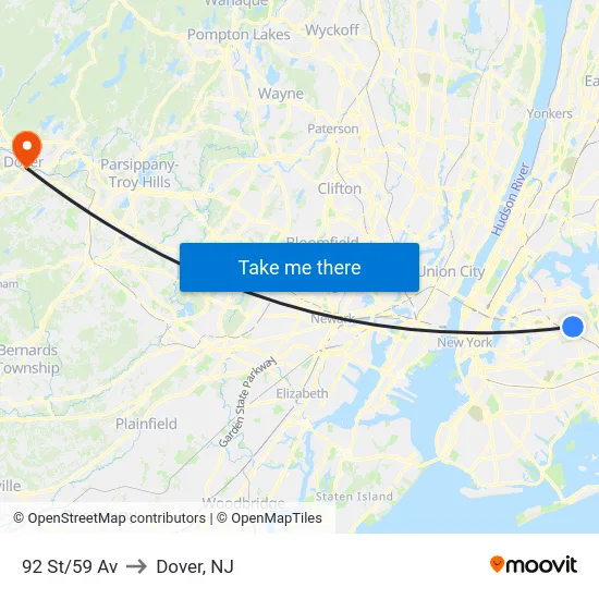 92 St/59 Av to Dover, NJ map