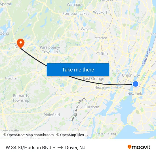 W 34 St/Hudson Blvd E to Dover, NJ map