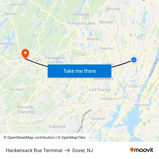 Hackensack Bus Terminal to Dover, NJ map
