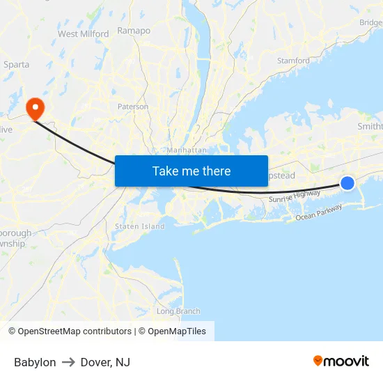 Babylon to Dover, NJ map