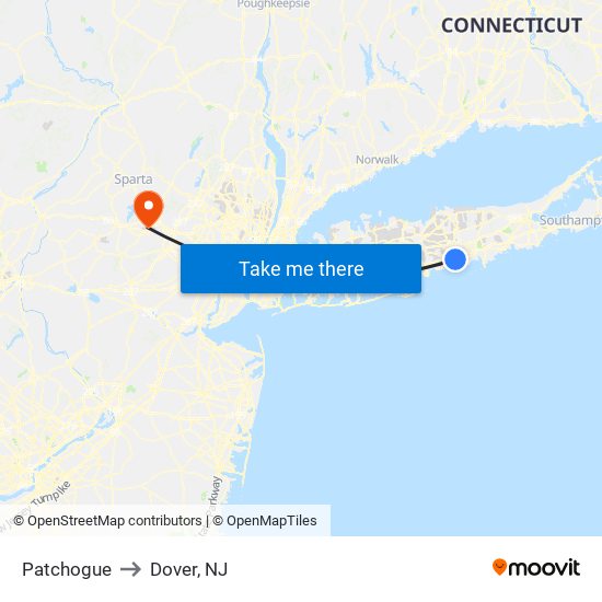 Patchogue to Dover, NJ map