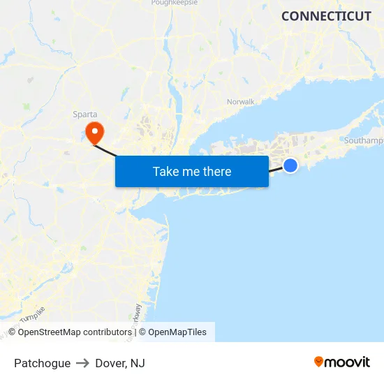 Patchogue to Dover, NJ map