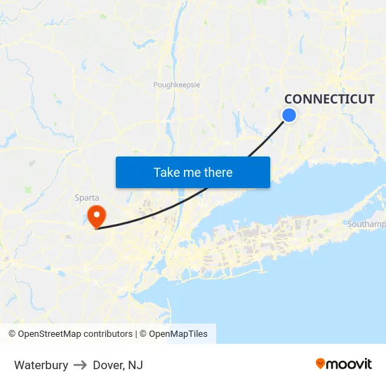 Waterbury to Dover, NJ map