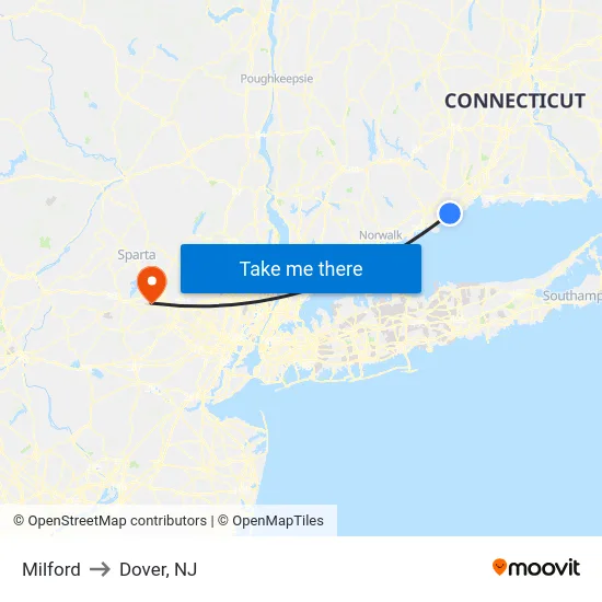 Milford to Dover, NJ map