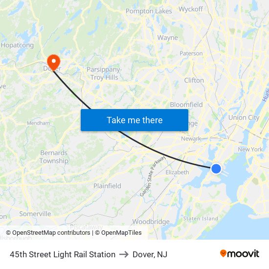 45th Street Light Rail Station to Dover, NJ map