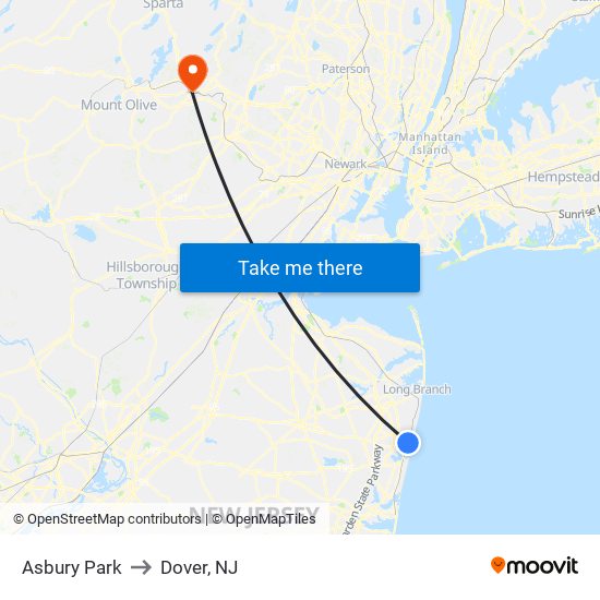 Asbury Park to Dover, NJ map