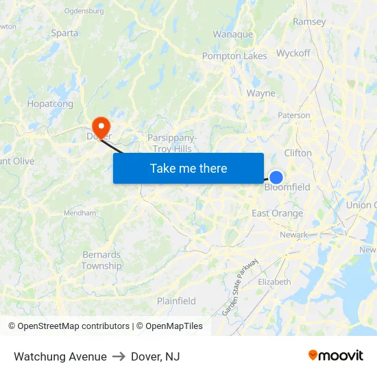 Watchung Avenue to Dover, NJ map