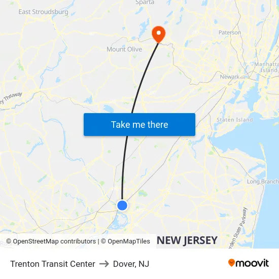 Trenton Transit Center to Dover, NJ map