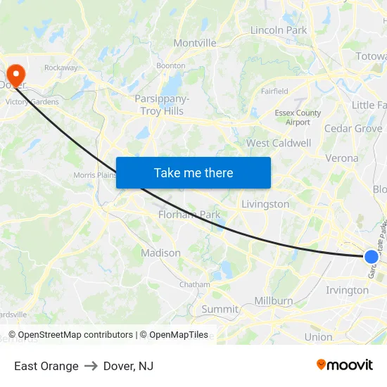 East Orange to Dover, NJ map