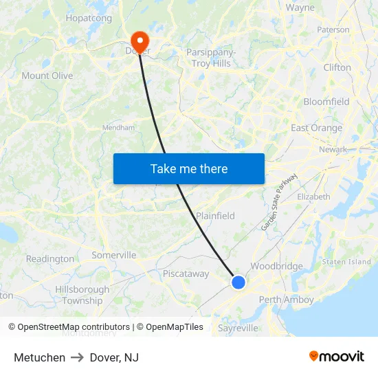 Metuchen to Dover, NJ map