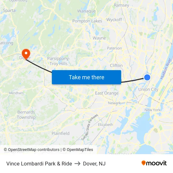 Vince Lombardi Park & Ride to Dover, NJ map