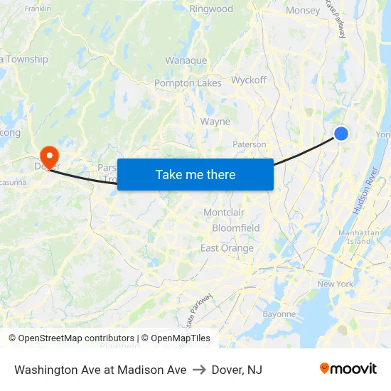Washington Ave at Madison Ave to Dover, NJ map