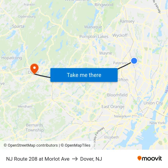 NJ Route 208 at Morlot Ave to Dover, NJ map