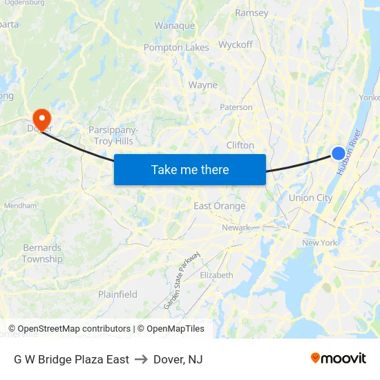 G W Bridge Plaza East to Dover, NJ map