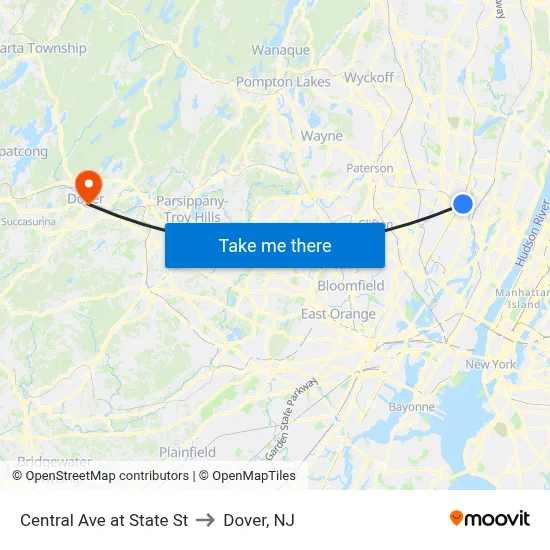Central Ave at State St to Dover, NJ map