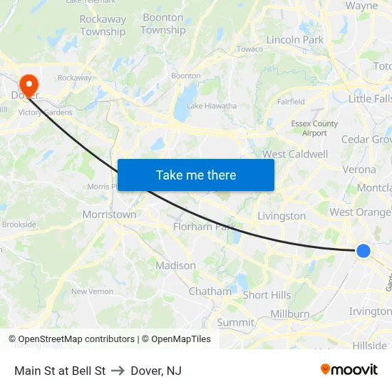 Main St at Bell St to Dover, NJ map