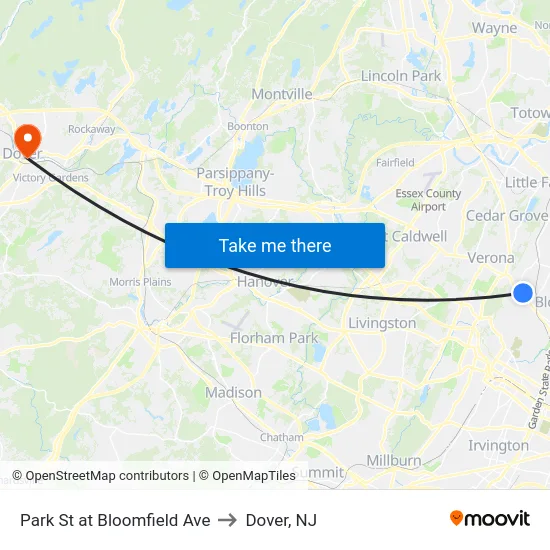 Park St at Bloomfield Ave to Dover, NJ map