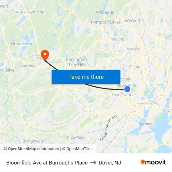 Bloomfield Ave at Burroughs Place to Dover, NJ map