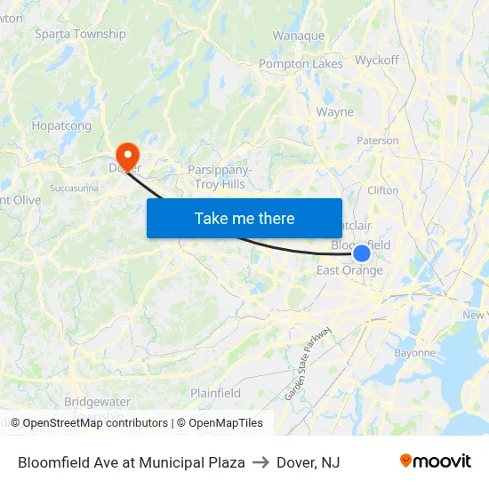 Bloomfield Ave at Municipal Plaza to Dover, NJ map