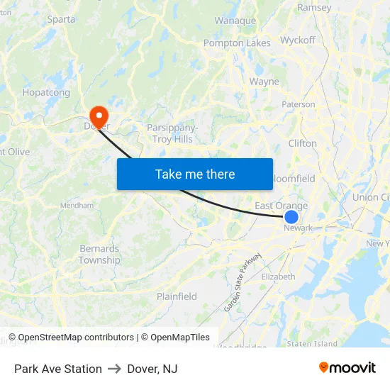 Park Ave Station to Dover, NJ map