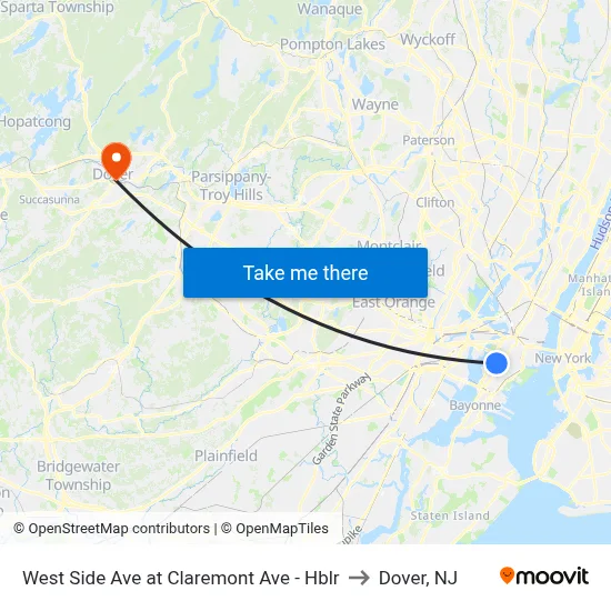West Side Ave at Claremont Ave - Hblr to Dover, NJ map