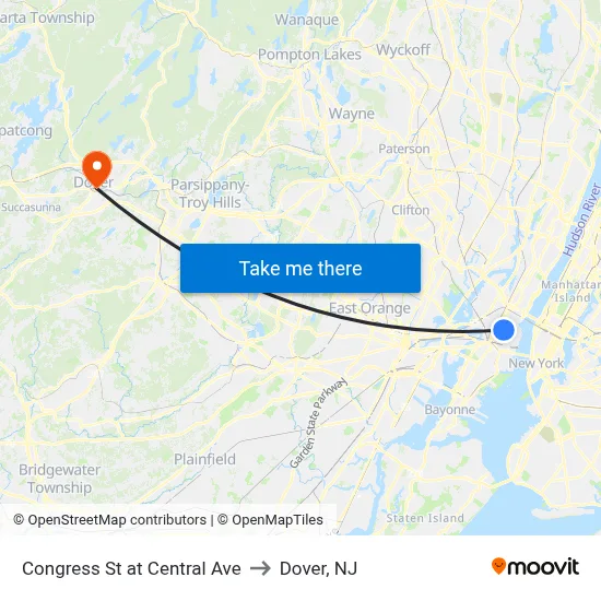 Congress St at Central Ave to Dover, NJ map