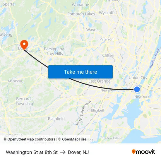 Washington St at 8th St to Dover, NJ map
