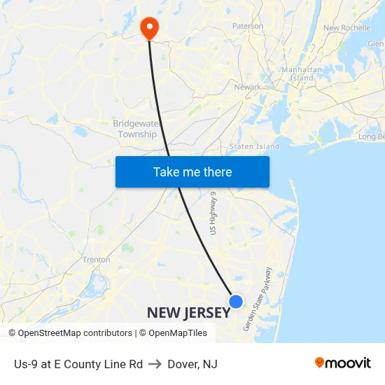 Us-9 at E County Line Rd to Dover, NJ map