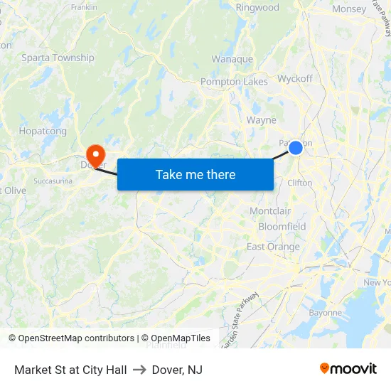 Market St at City Hall to Dover, NJ map