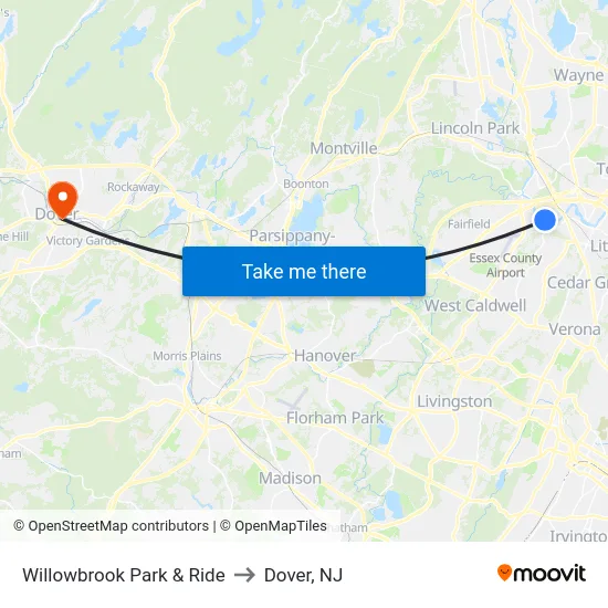 Willowbrook Park & Ride to Dover, NJ map