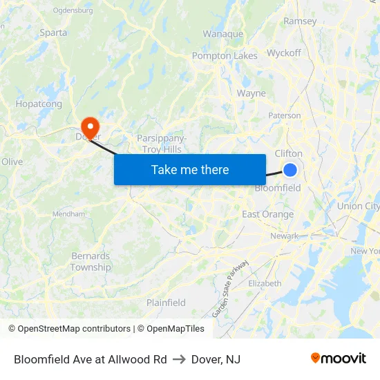 Bloomfield Ave at Allwood Rd to Dover, NJ map