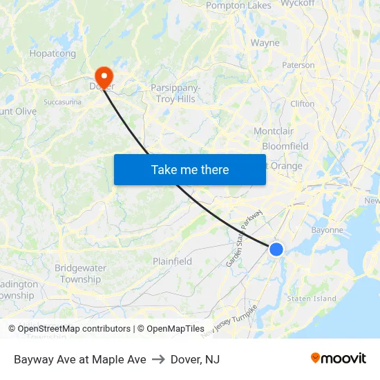 Bayway Ave at Maple Ave to Dover, NJ map