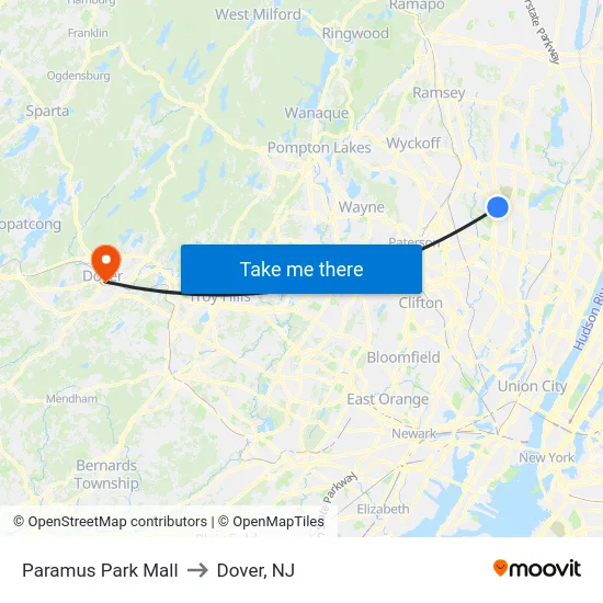 Paramus Park Mall to Dover, NJ map