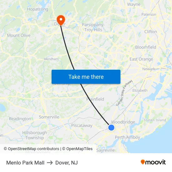 Menlo Park Mall to Dover, NJ map