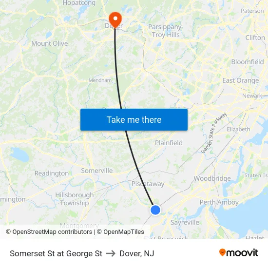 Somerset St at George St to Dover, NJ map