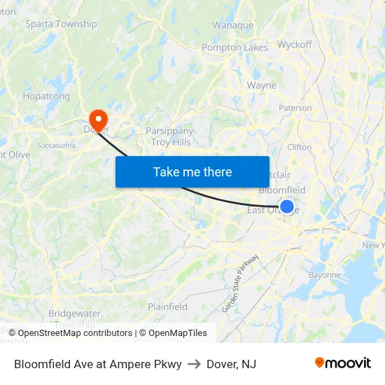 Bloomfield Ave at Ampere Pkwy to Dover, NJ map