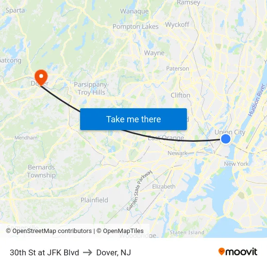 30th St at JFK Blvd to Dover, NJ map