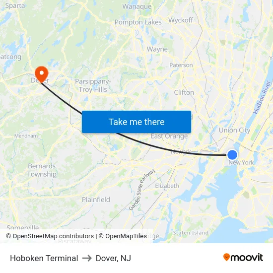 Hoboken Terminal to Dover, NJ map